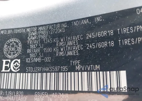 2019 Toyota Highlander Xle from USA, damaged, VIN 5TDJZRFH4KS597195